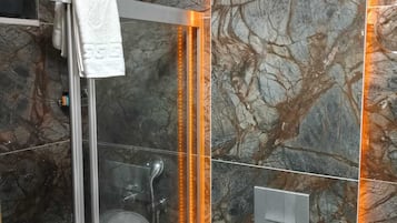 Ducha, cabezal de ducha tipo lluvia, secador de pelo y zapatillas