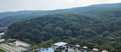 Ein Pool auf dem Dach mit Blick auf einen bewaldeten Hang.