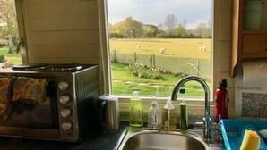 A kitchen with a view of a green field and sheep, a stove, a sink, and a QR code for COVID-19 check-in. - Meadowsweet - luxury Shepherd's Hut, amazing views (Herstmonceux)