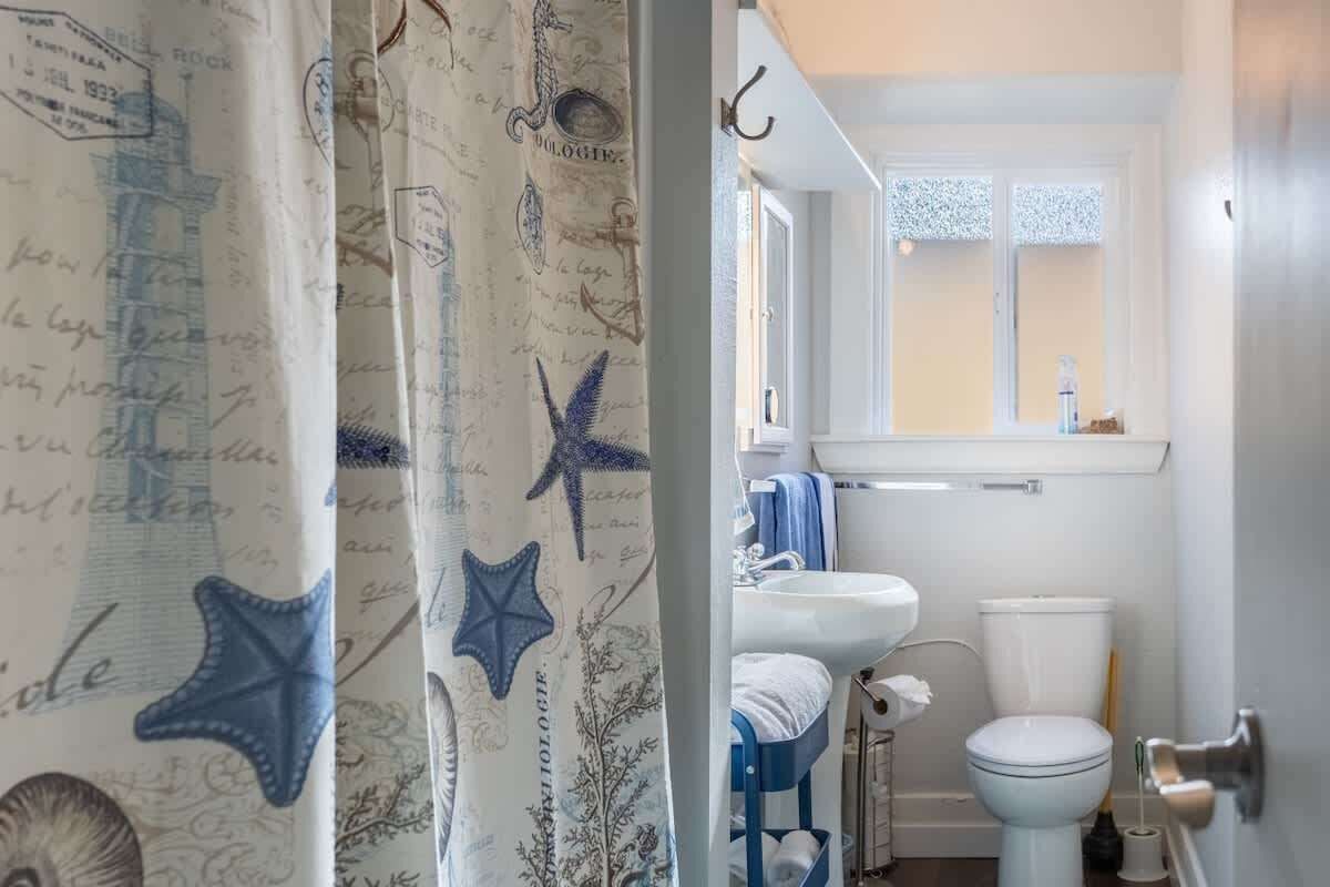 A bathroom with a toilet, sink, and shower curtain with sea creature patterns.