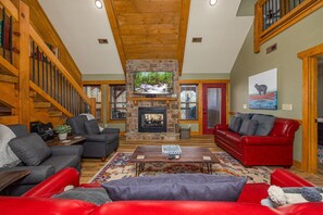 House, Multiple Beds, Hot Tub | Living area | 50-inch flat-screen TV with cable channels, TV, fireplace