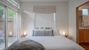 2 bedrooms, memory-foam beds, desk, iron/ironing board