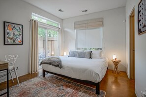 2 bedrooms, memory-foam beds, desk, iron/ironing board