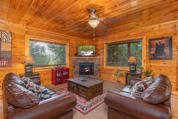 Cabin, Multiple Beds, Hot Tub | Living room | TV, fireplace