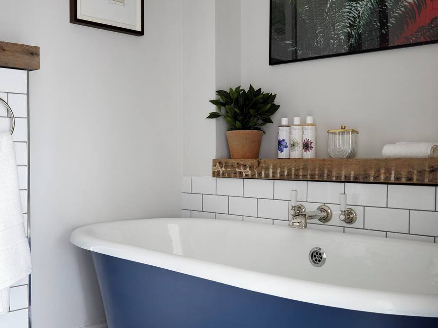 Un baño con una bañera independiente, una planta en maceta, artículos de aseo en un estante y un cuadro en la pared.