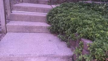Un conjunt d'escales de pedra amb una barana de fusta que s'eleven cap a una paret de pedra plena de vegetació.
