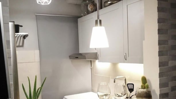 Une cuisine moderne avec des meubles blancs, un plan de travail en marbre, un luminaire suspendu et un aloe vera en pot.