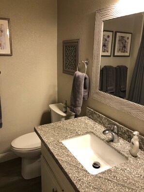 Tina con regadera, secadora de cabello, toallas, jabón 