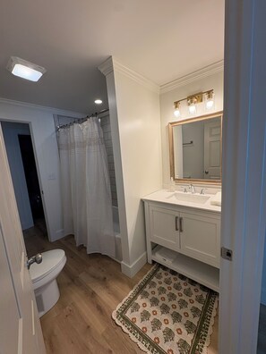 Un baño con inodoro, cortina de ducha, lavamanos con espejo y alfombra estampada.