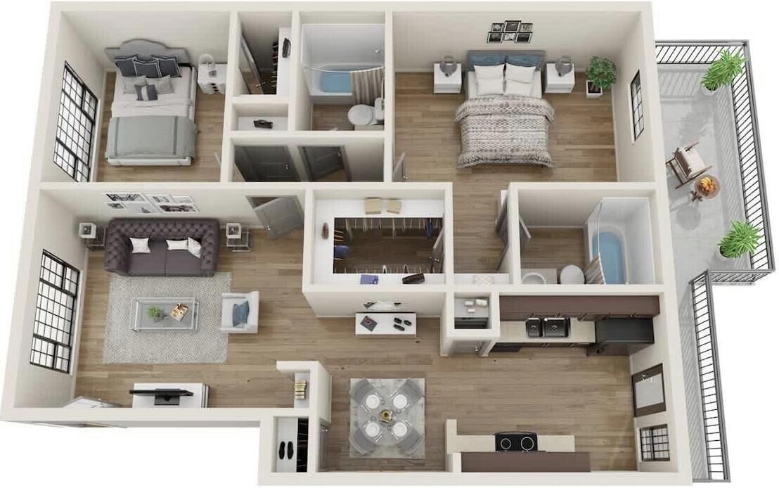 A 2-bedroom apartment layout with a living room, kitchen, dining area, and a balcony.