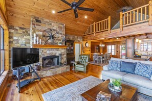 Smart TV, fireplace, table football, books