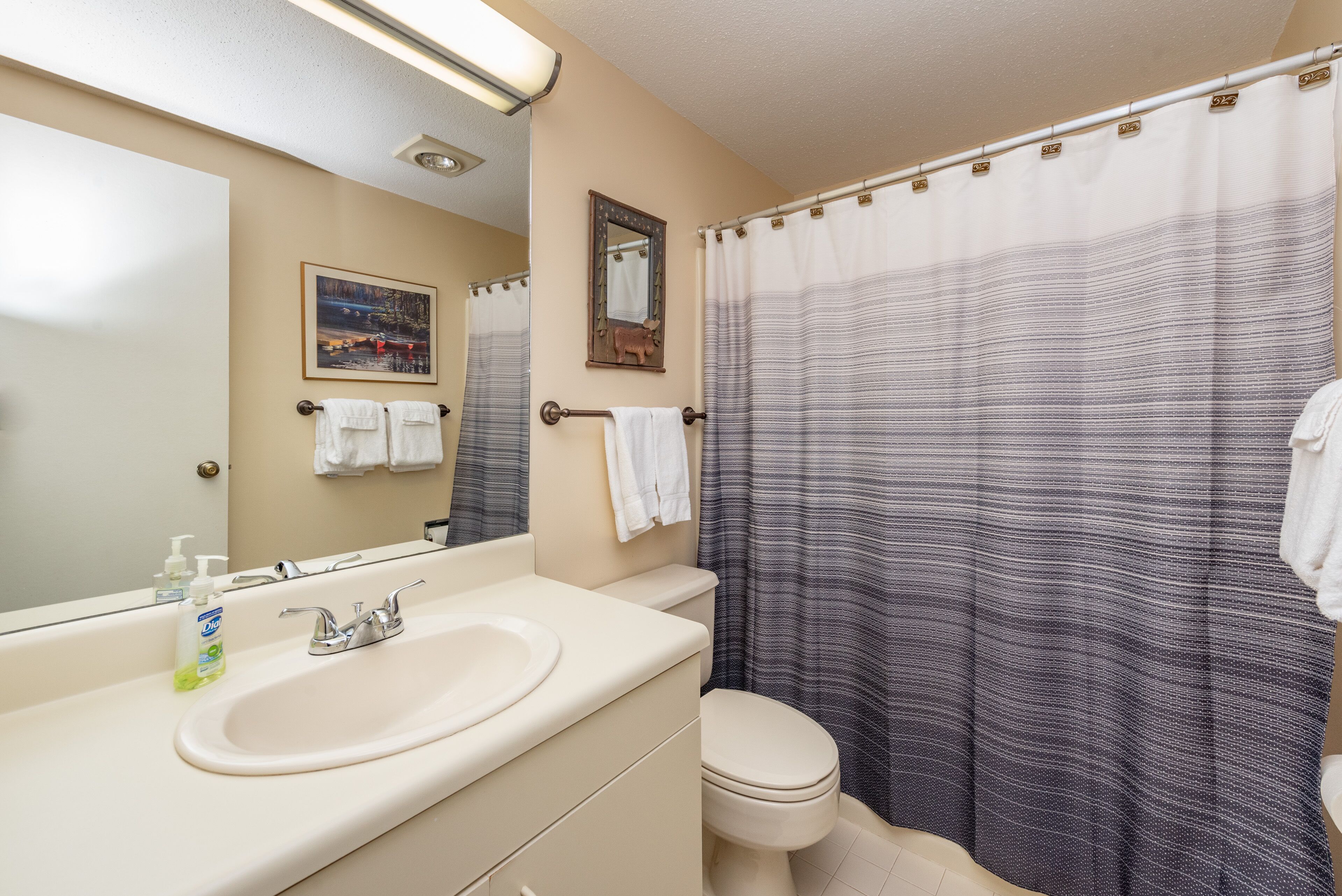 Een badkamer met een wastafel, spiegel en toilet.
