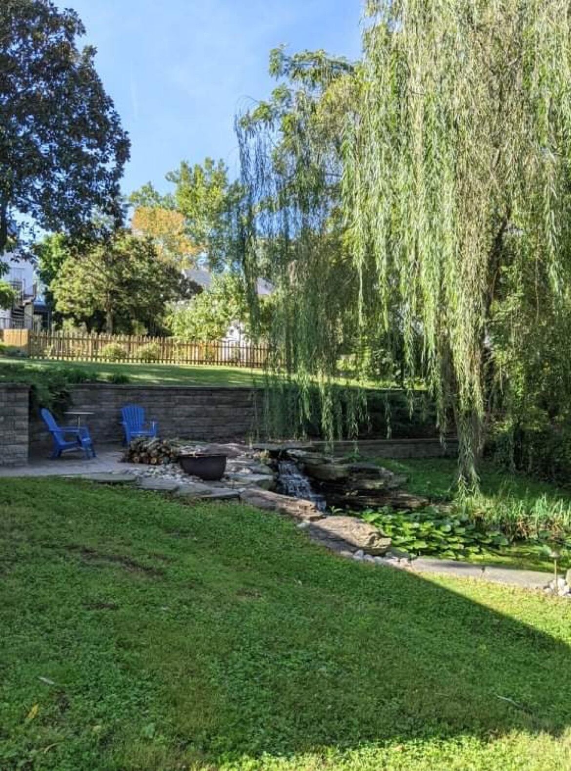 Ein Garten mit einem kleinen Teich, einer Holzterrasse und einer Trauerweide.