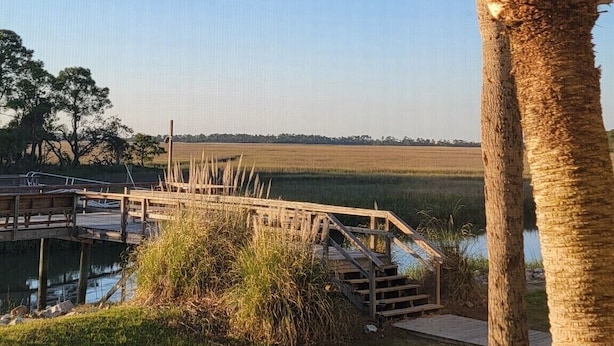A palm tree, grassy area, wooden deck, and a distant view of a field and water body. - First Floor Beach Club Villa with Marsh Views - Walk to the Beach! (Saint Helena Island)