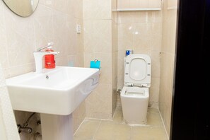 Shower, towels, soap, toilet paper