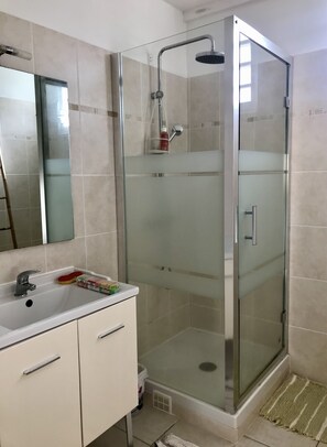Shower, towels, toilet paper