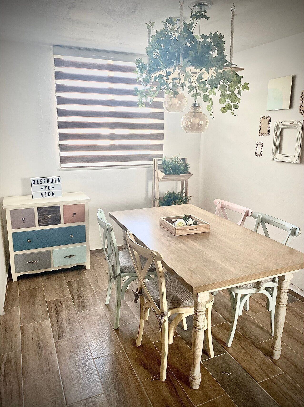 A dining area with a wooden table and chairs, a white dresser with drawers, a hanging plant, and a window with blinds.