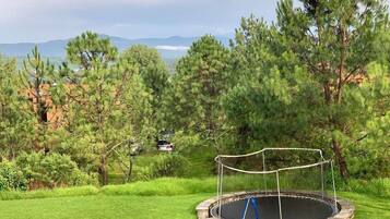 A trampoline in a grassy area with trees and a distant view of mountains.