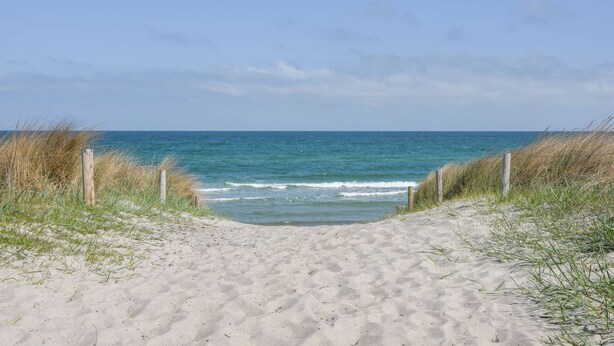 Een zandpad langs het strand dat naar de oceaan leidt, met houten palen aan weerszijden.