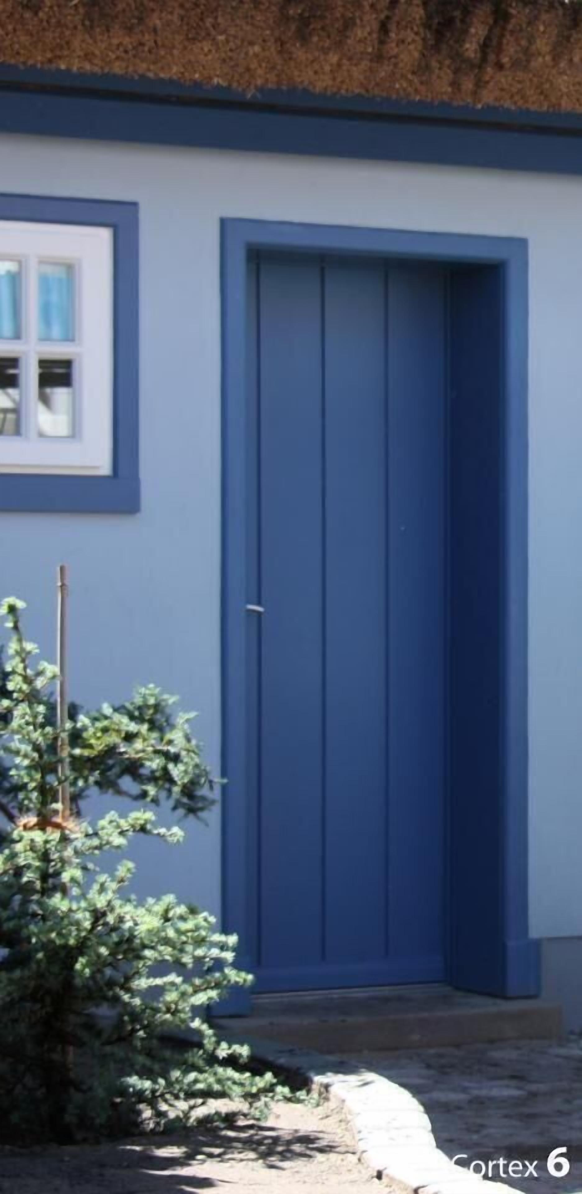 Eine blaue Tür mit einem Fenster darüber.