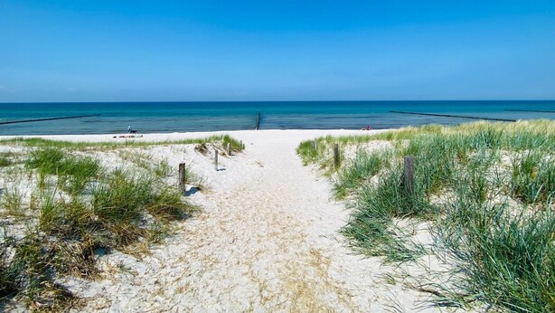 Ein sandiger Küstenweg führt zum Meer, begleitet von grasbewachsenen Dünen rechts und links.