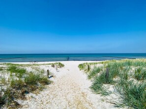 A sandy beach path leading to the ocean with grassy dunes on either side.