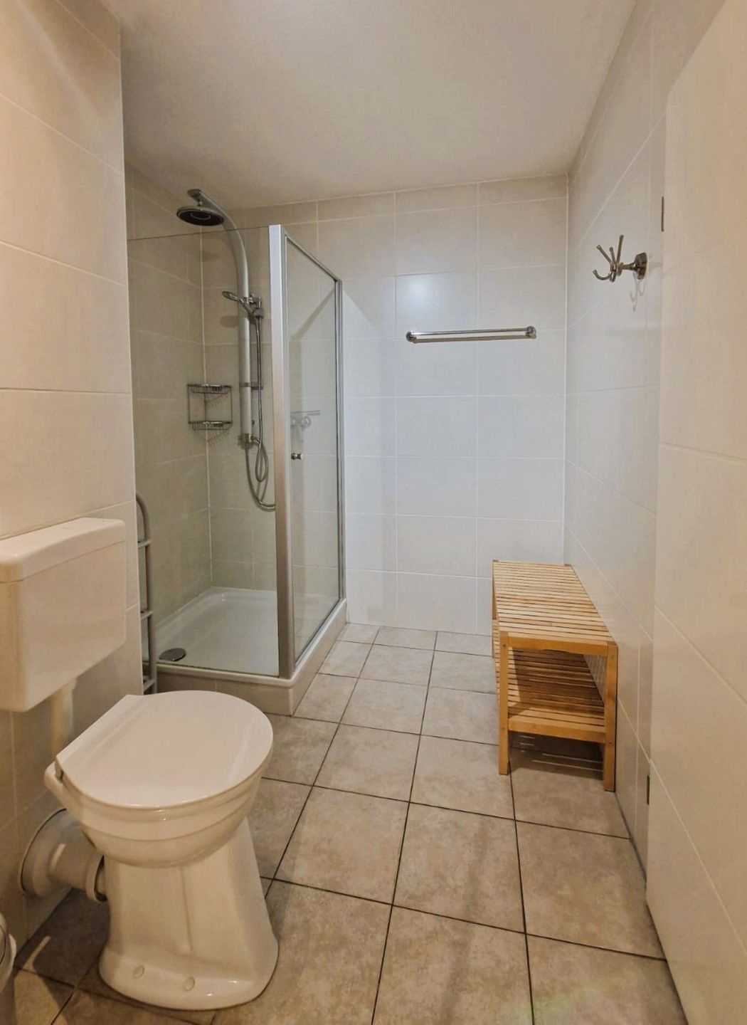 Ein Badezimmer mit Toilette, Duschkabine und einer Holzbank.