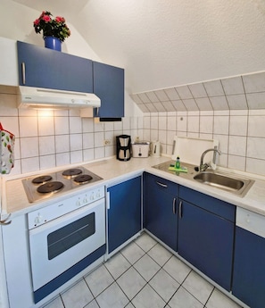 Eine kompakte Küche mit Herd, Backofen, Spüle und blauen Schränken.