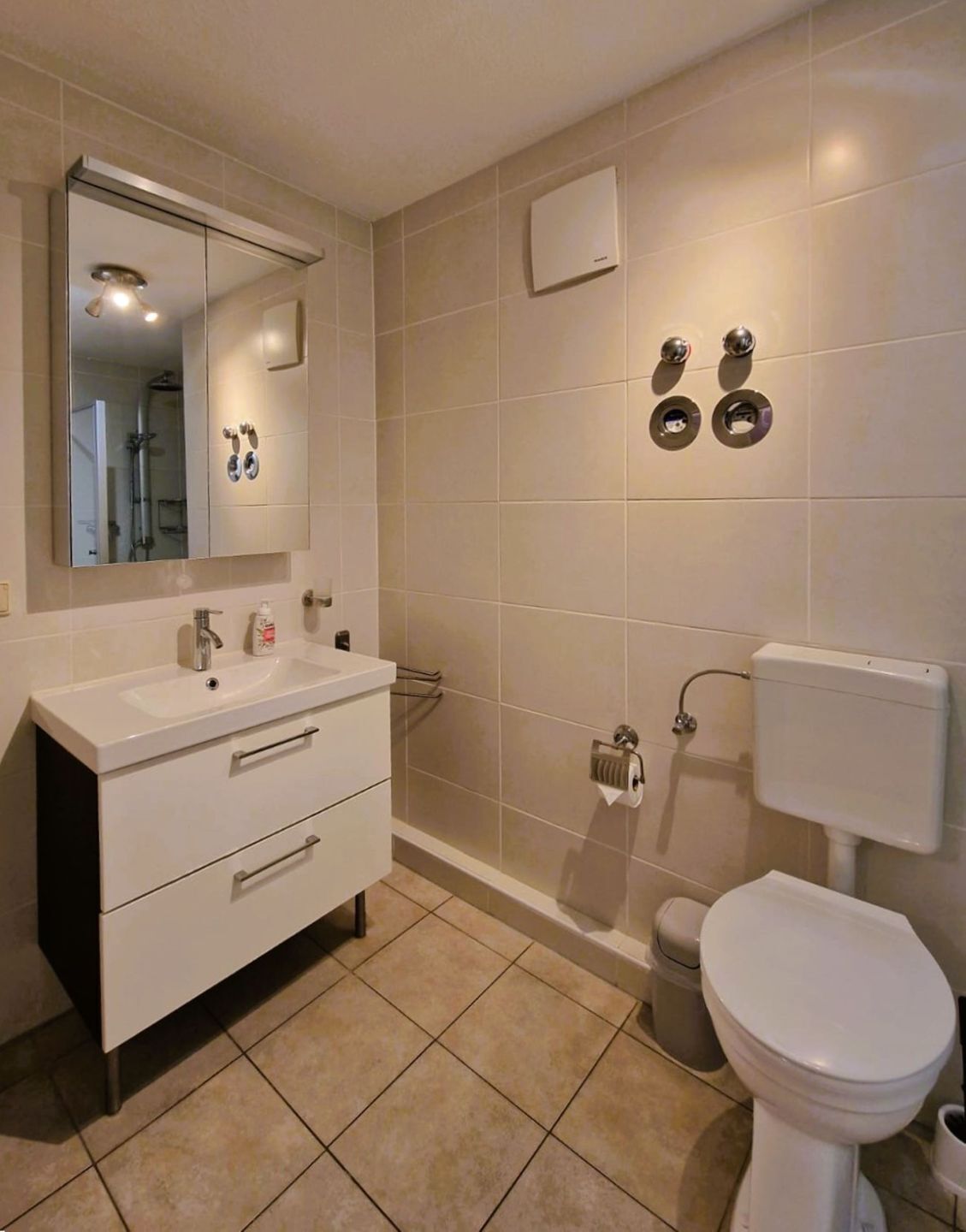 Ein modernes Badezimmer mit einem weißen Waschtisch, einem großen Spiegel, einer Toilette und einer Dusche.