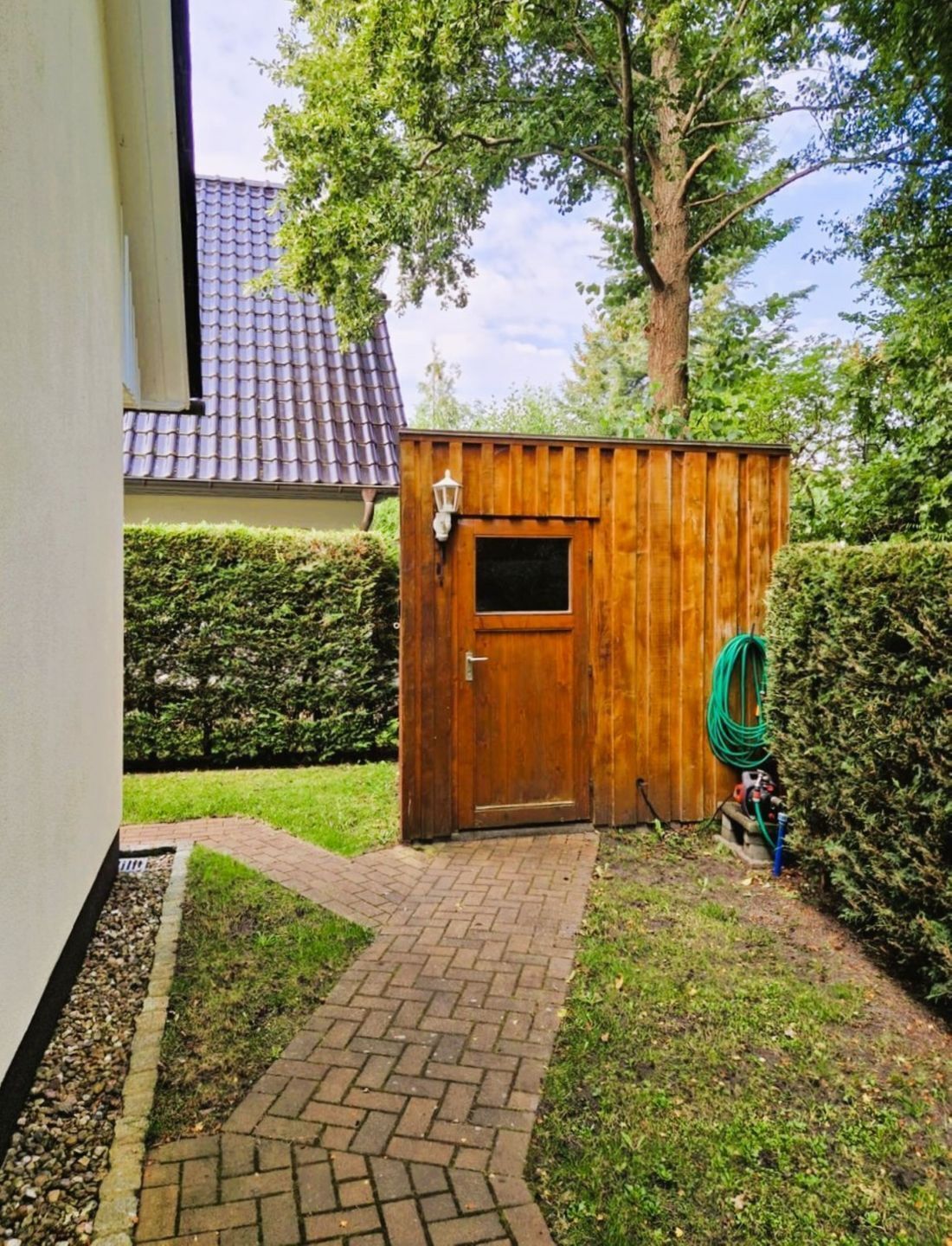 Un abri en bois avec une porte et une fenêtre, un tuyau d’arrosage vert et un chemin de briques menant à l’abri.
