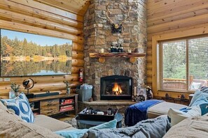 TV, fireplace, table football, books