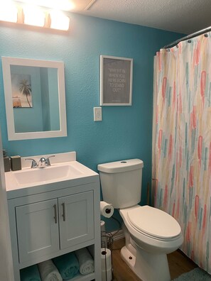 Combined shower/tub, hair dryer, towels, soap