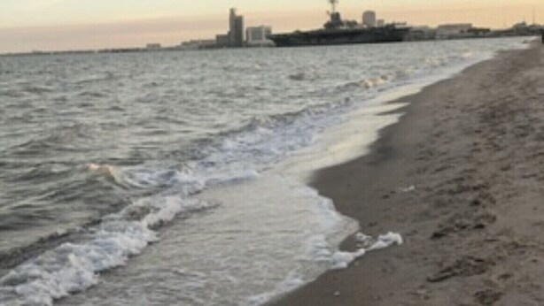 A beach with waves lapping at the shore, a distant city skyline, and a clear sky. - Just Beachy (Corpus Christi)