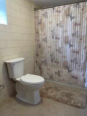 Bathroom features a white toilet, shower, and beige rug.