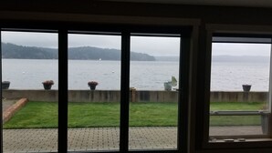 Blick durch ein Fenster auf ein Gewässer, eine Wiese und eine Betonbarriere mit Blumentöpfen.