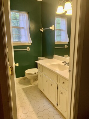 Ein Badezimmer mit grüner Wand, weißer Toilette und einem Boden aus sechseckigen Fliesen.