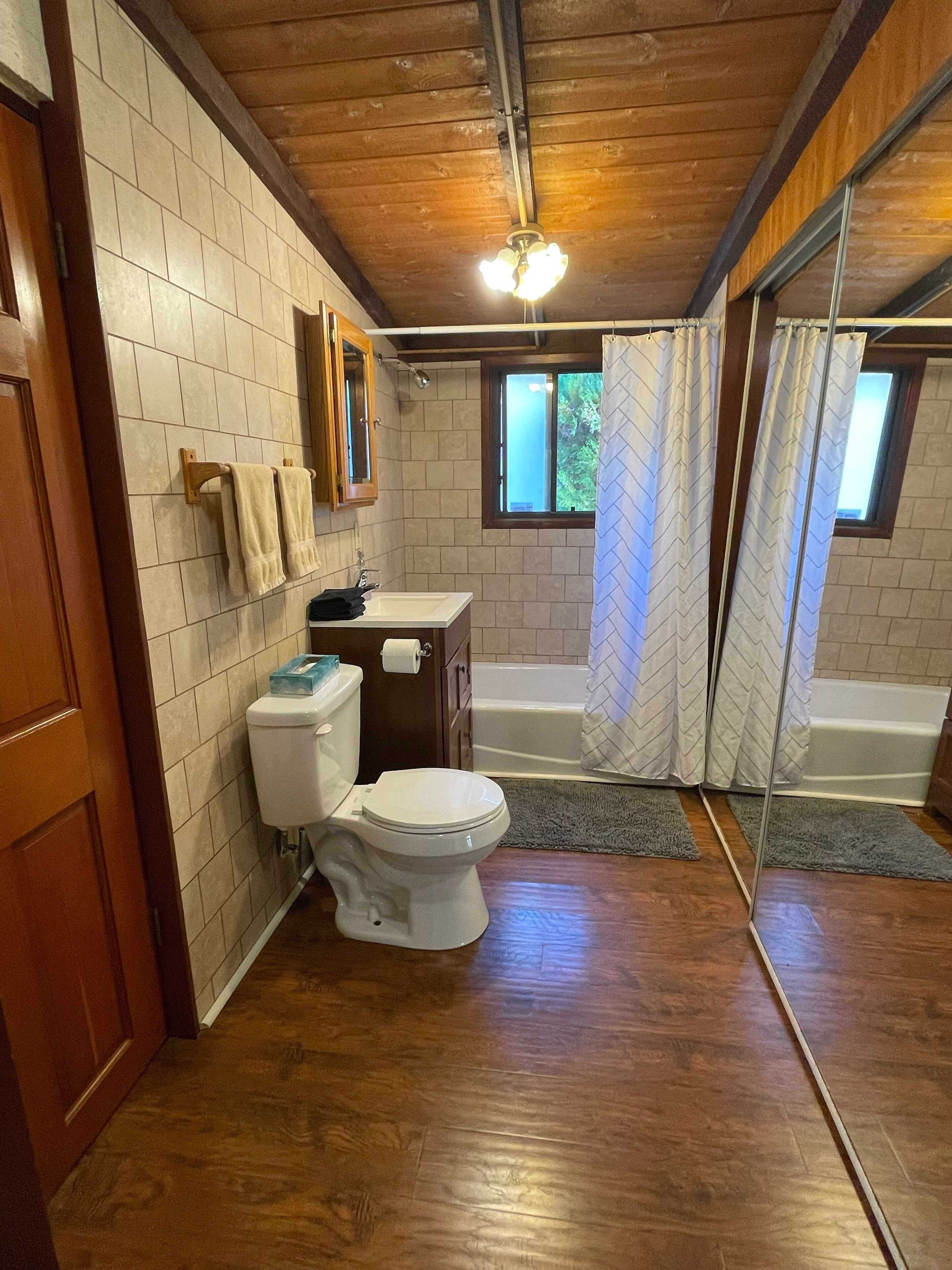 Une salle de bain avec des toilettes, un lavabo et une baignoire.