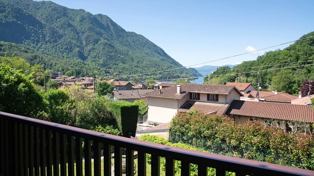 A residential area with houses, a mountain, and a body of water in the background.