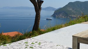 A coastal view with a tree, a bench, and a patterned tablecloth. - Cozy Traditional Home with Magnificent Sea Views & Garden (Skopelos)