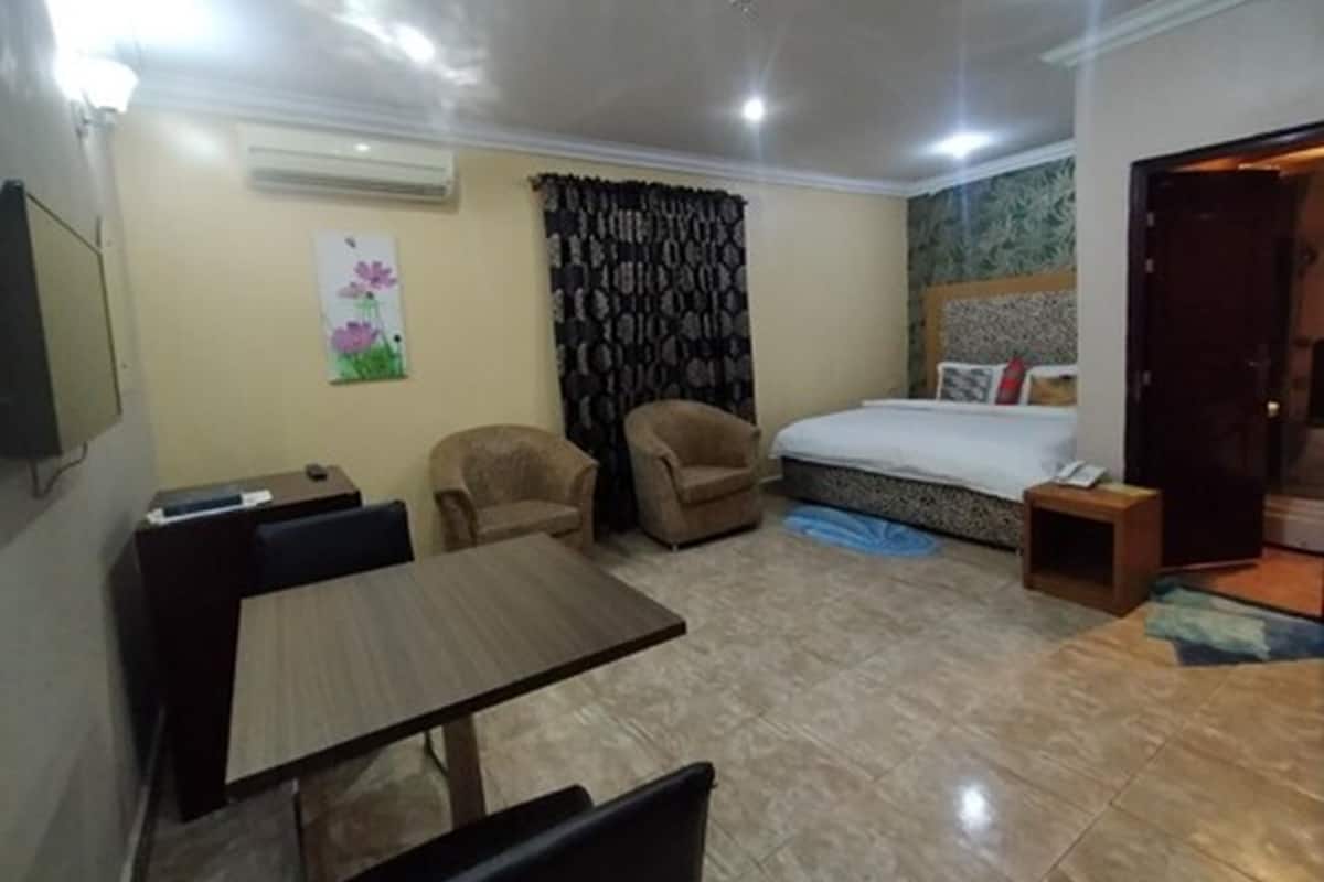A hotel room with a bed, a desk, two chairs, a small table, and a television.