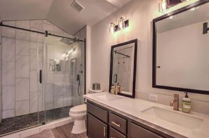 Shower, hair dryer, shampoo