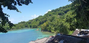 A coastal view with a clear turquoise sea, dense green foliage, and a building with a sloped roof. - 3-bed House Sleeps 6 With Mountain Views (Ocho Rios)