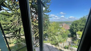 Vista desde una ventana que da a un jardín con terraza de madera y diversos árboles.