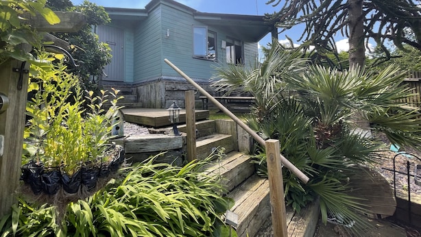 Una casa con terraza de madera, rodeada de plantas y árboles.