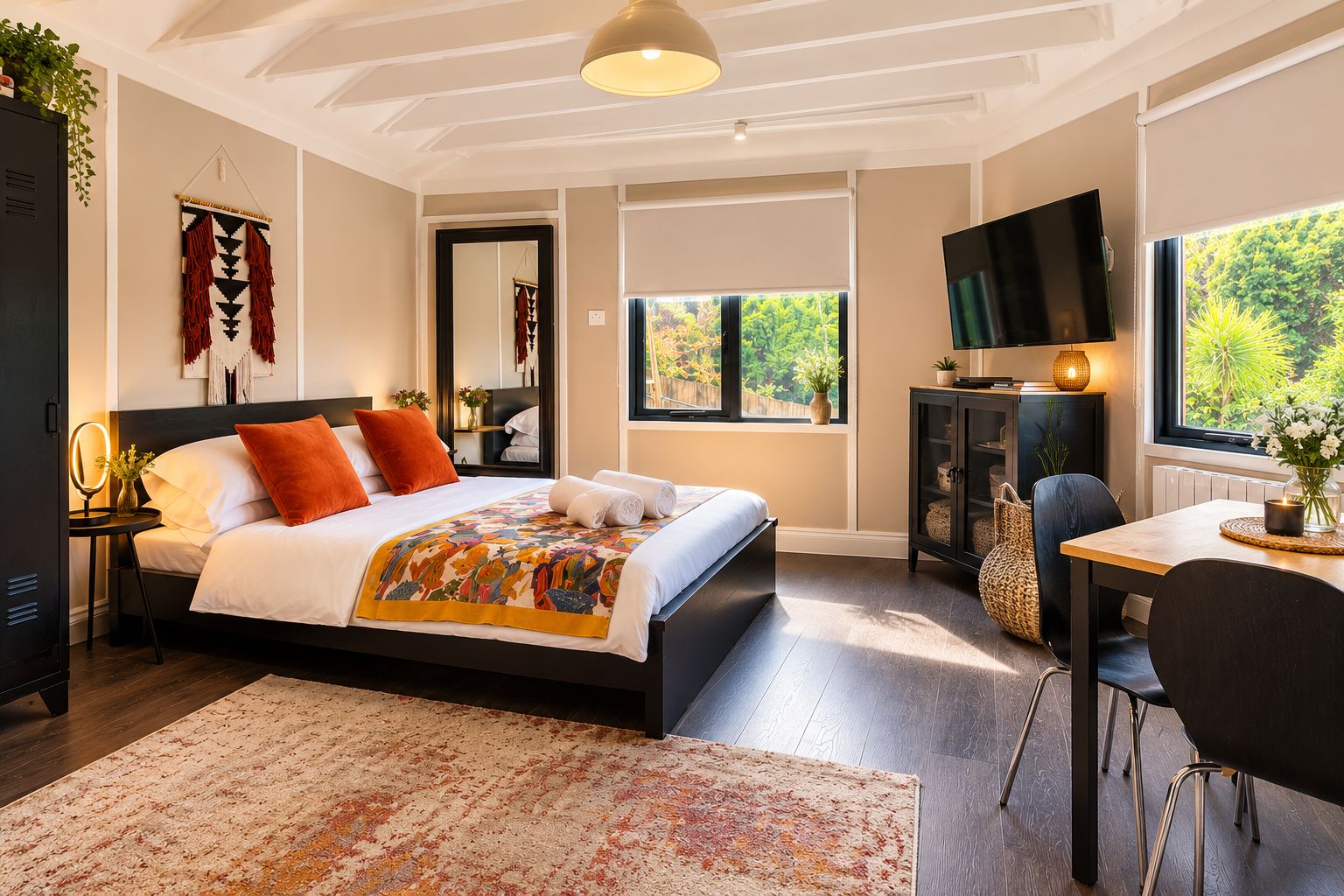 A modern bedroom with a large bed, bedside tables, a desk, and a TV.