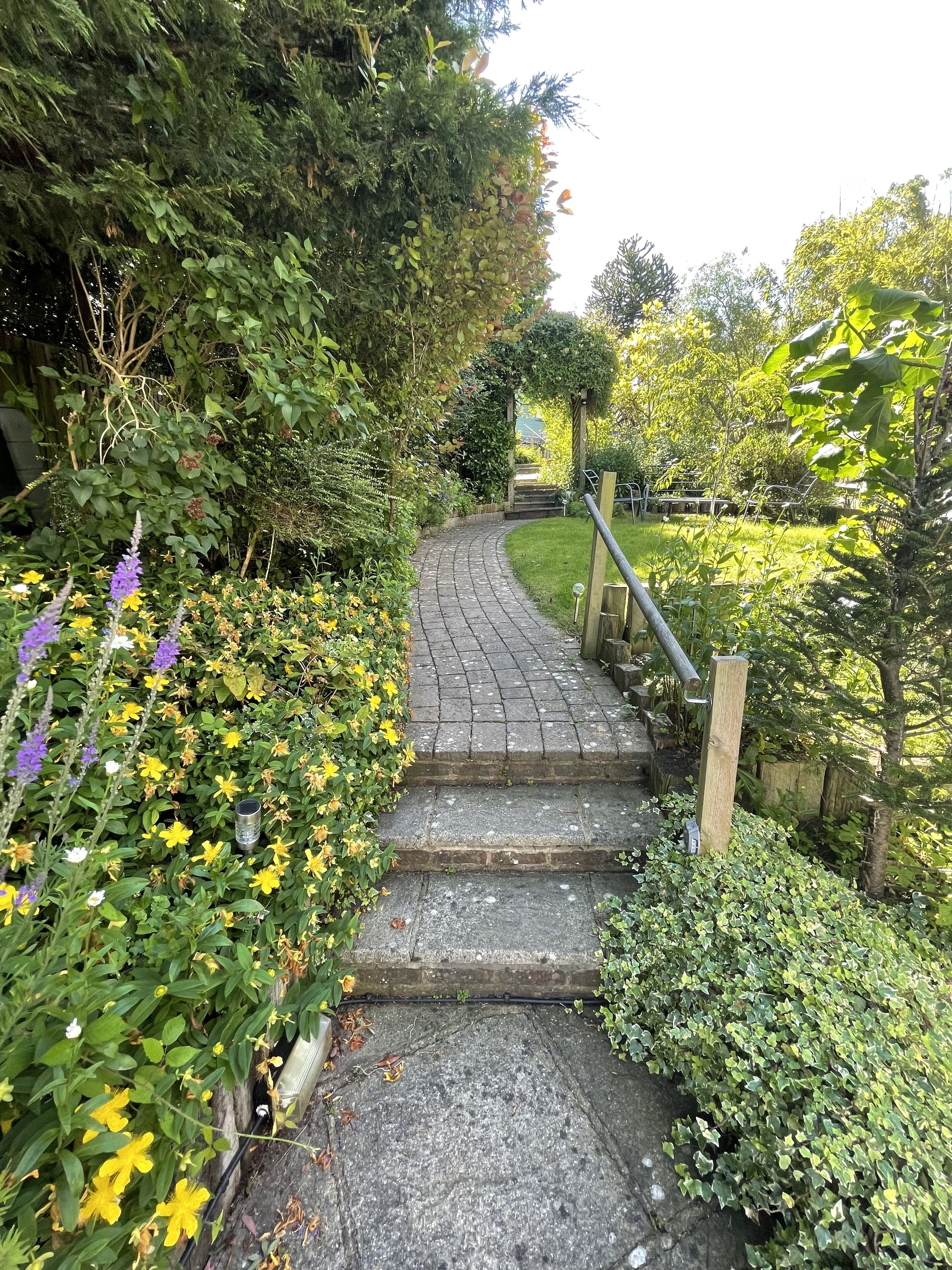 Un chemin de pierres qui traverse un jardin où l’on trouve différentes plantes et fleurs.