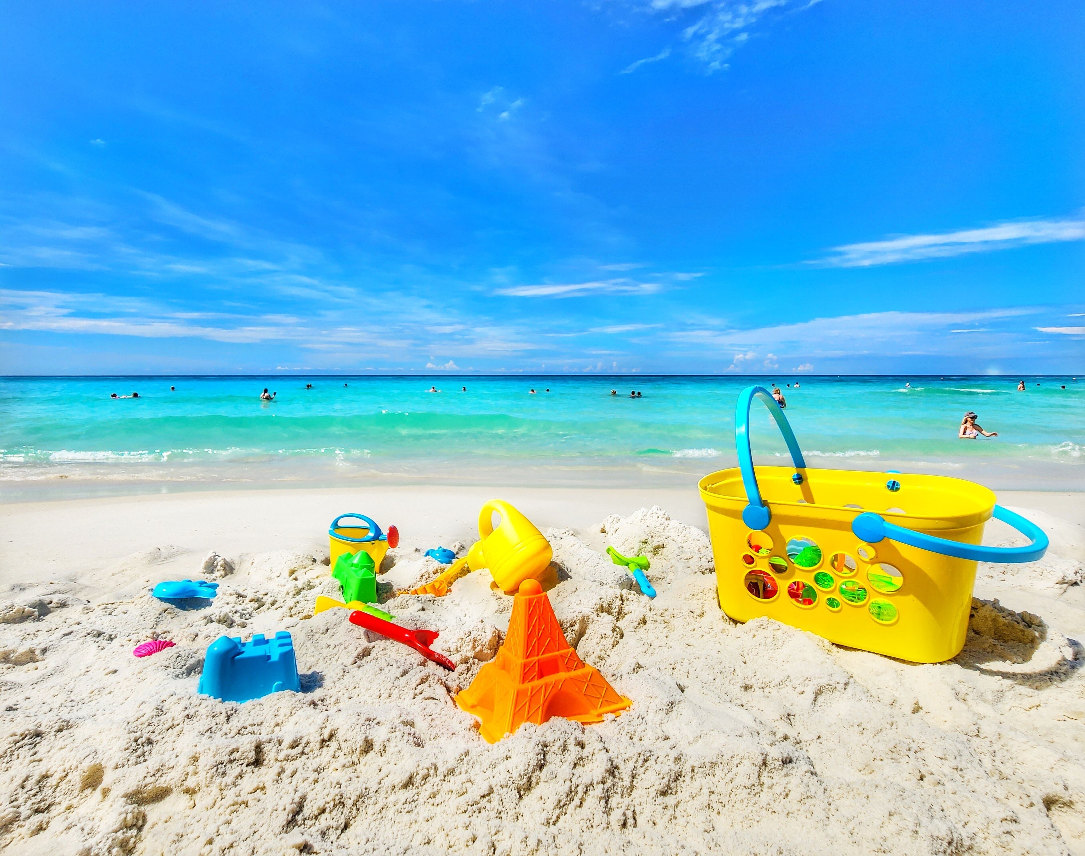 On the beach, sun-loungers
