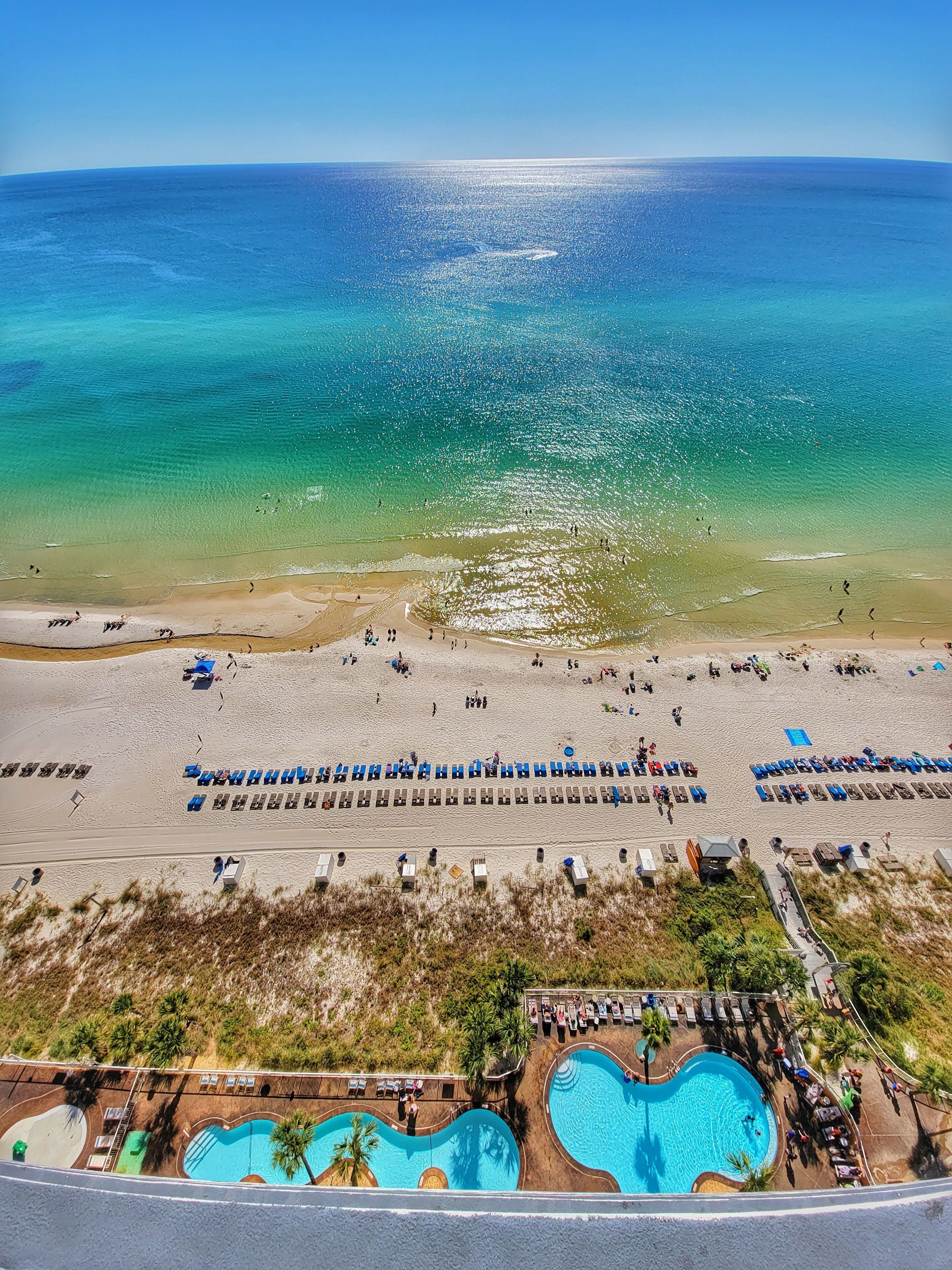On the beach, sun loungers
