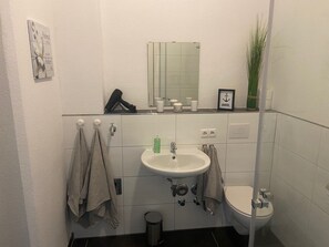 Dusche, Haartrockner, Handtücher, Seife