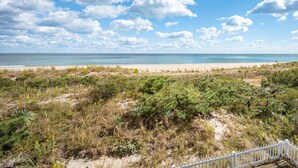A beach with a sandy path and dense vegetation in the foreground, leading to a sandy beach with a fence in the background.